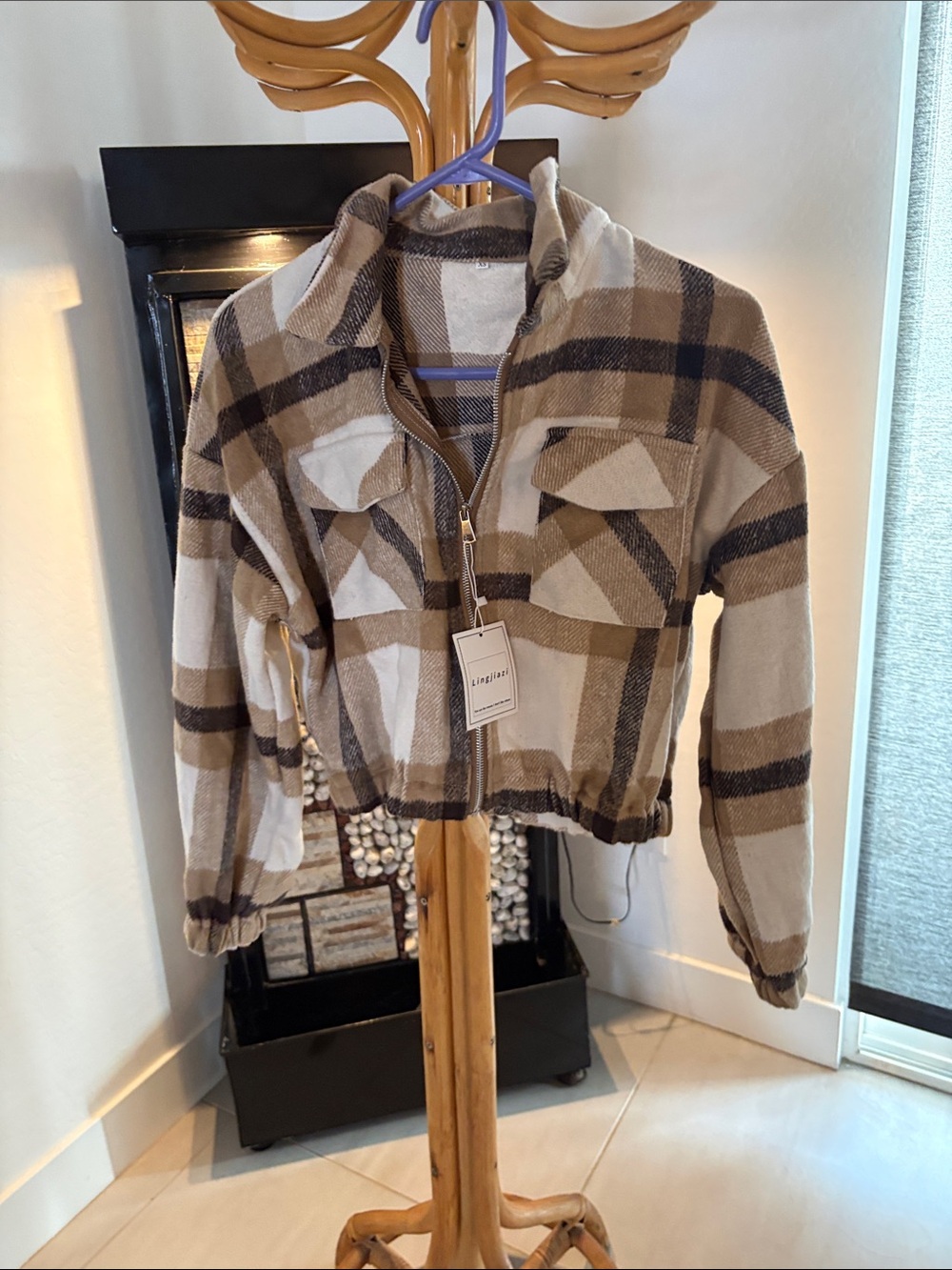 Amazon Beige and Brown Plaid Zip-Up Jacket